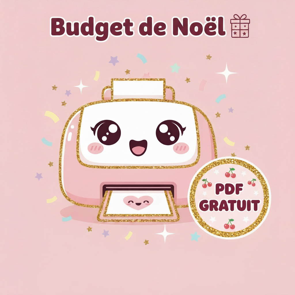 Budget de Noël PDF Gratuit - visuel kawaii imprimante fond rose pastel paillettes