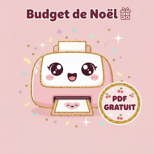 Budget de Noël PDF Gratuit - visuel kawaii imprimante fond rose pastel paillettes